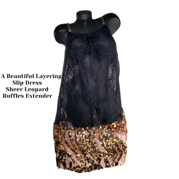 Black Lace  Slip Dress with Sheer Leopard Ruffles Extender. - Picture 4 of 5